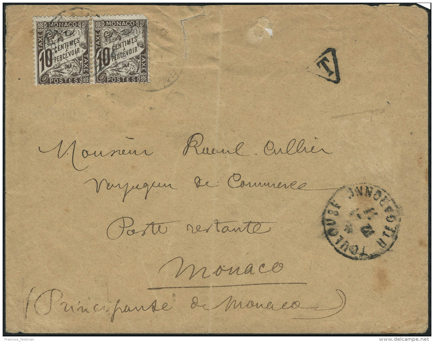 Lettre N°4. Paire Du 10c Brun S/Lettre Non Affranchie De Toulouse à Monaco En Janvier 1911. Rare (1ex.... - Autres & Non Classés