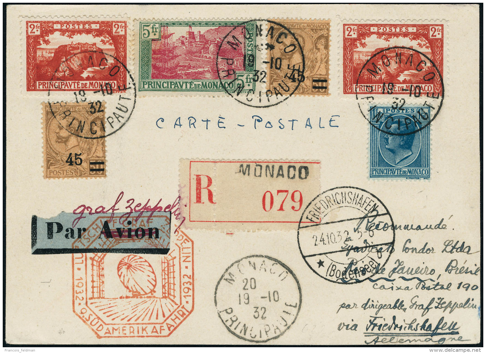 Lettre Zeppelin. 9. SAF 1932. C.P. Recommandée De Monaco (19.10.32) Pour Rio De Janeiro. CàD De... - Autres & Non Classés