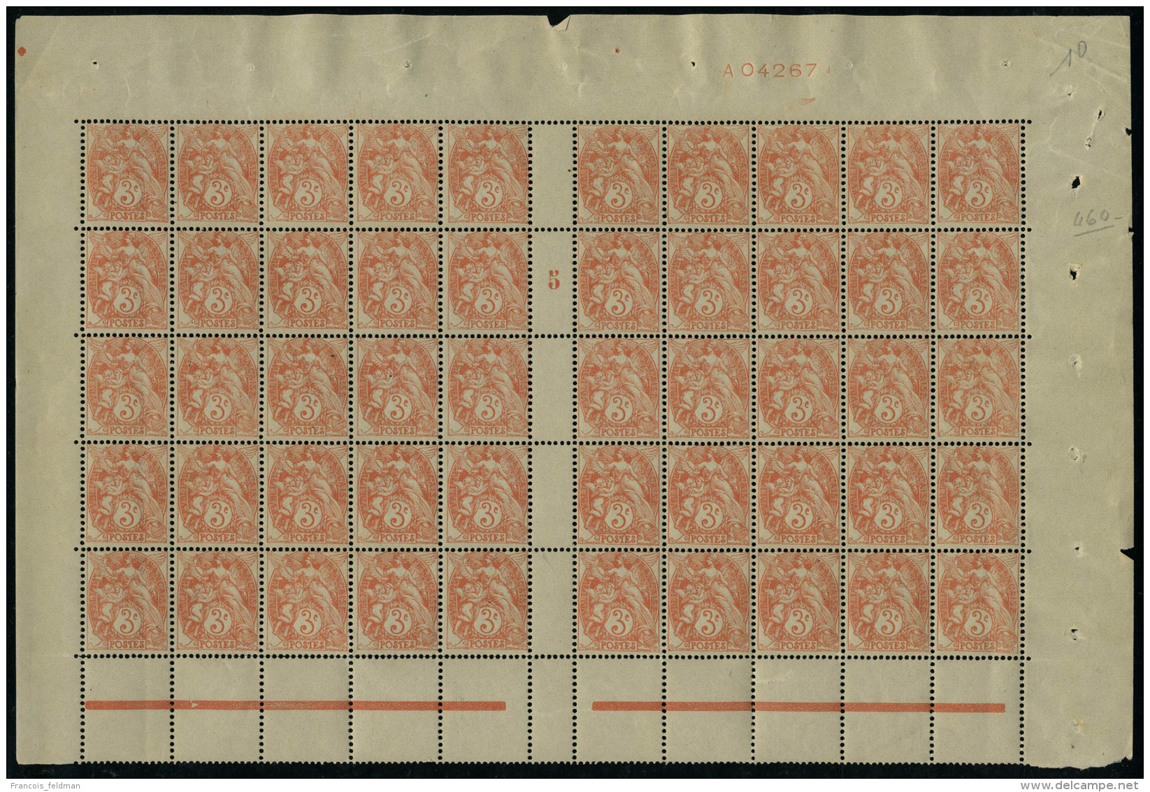 Neuf Sans Charnière N° 109, 3c Orange Type Blanc, Bloc Horizontal De 50ex Avec Millésime 5 Et... - Autres & Non Classés