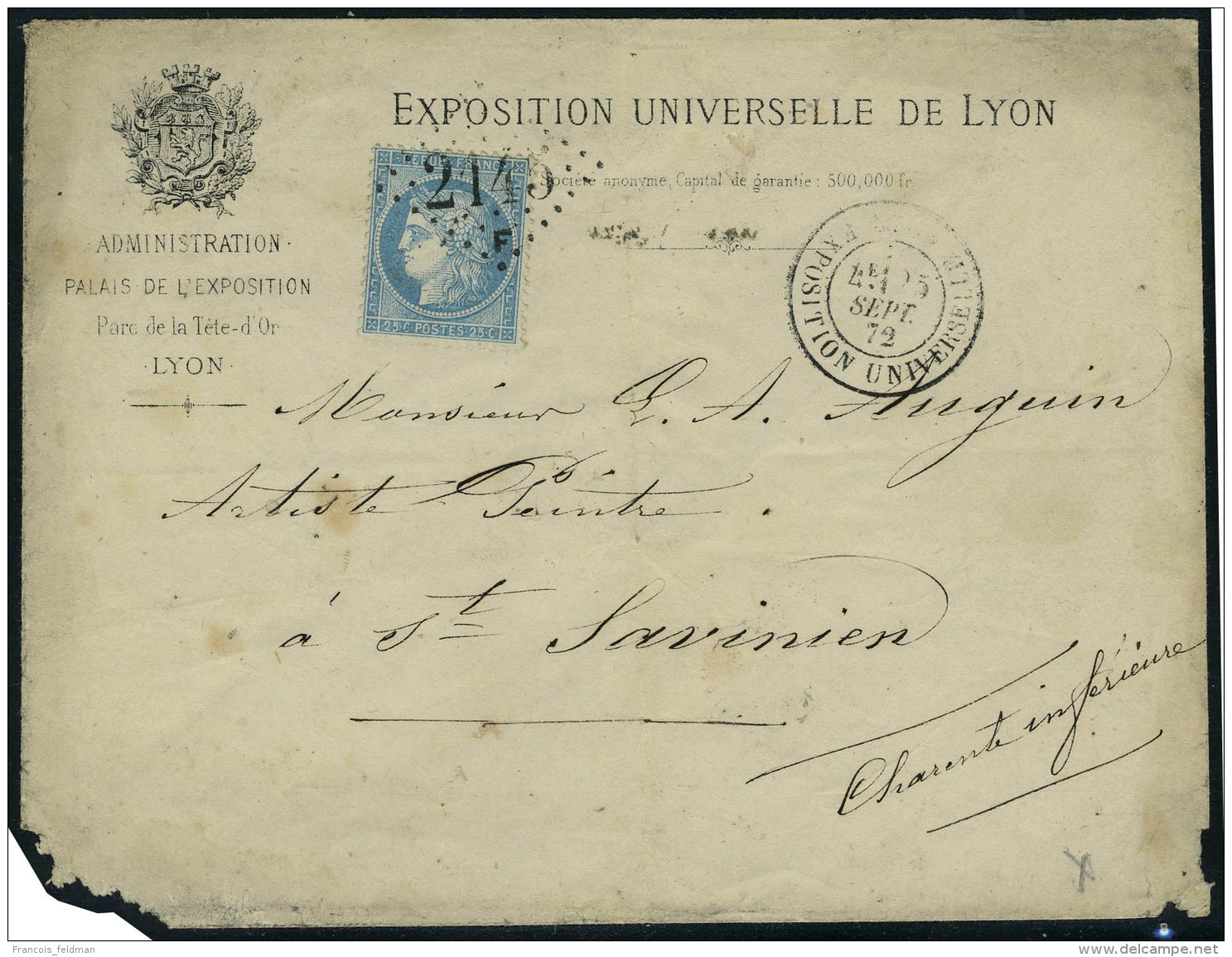 Lettre N° 60, 25c Bleu Sur L De L'Exposition Universelle De Lyon, Los GC 2145F Et Càd Exposition... - Autres & Non Classés