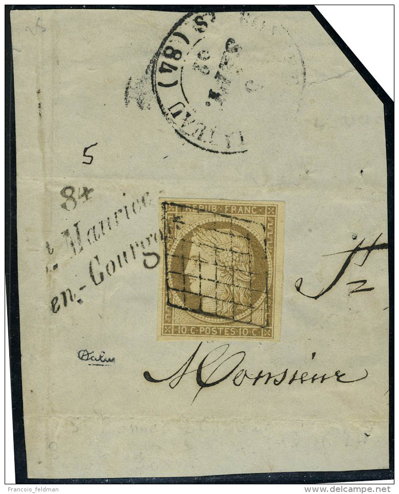 Fragment N° 1, 10c Bistre, Obl Grille + Cursive 84 St Maurice En Gourgois, Sur Frgt, T.B., Rare, Signé... - Other & Unclassified