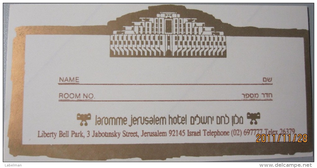 HOTEL SMOTEL LAROMME JERUSALEM TEL AVIV VINTAGE OLD ISRAEL TAG STICKER DECAL LUGGAGE LABEL ETIQUETTE AUFKLEBER - Hotel Labels