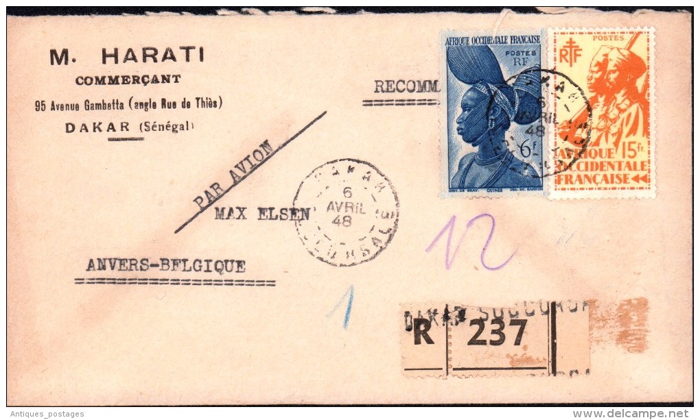 Lettre Sénégal Dakar Harati Commerçant Anvers Belgique Recommandé 1948 - Covers & Documents