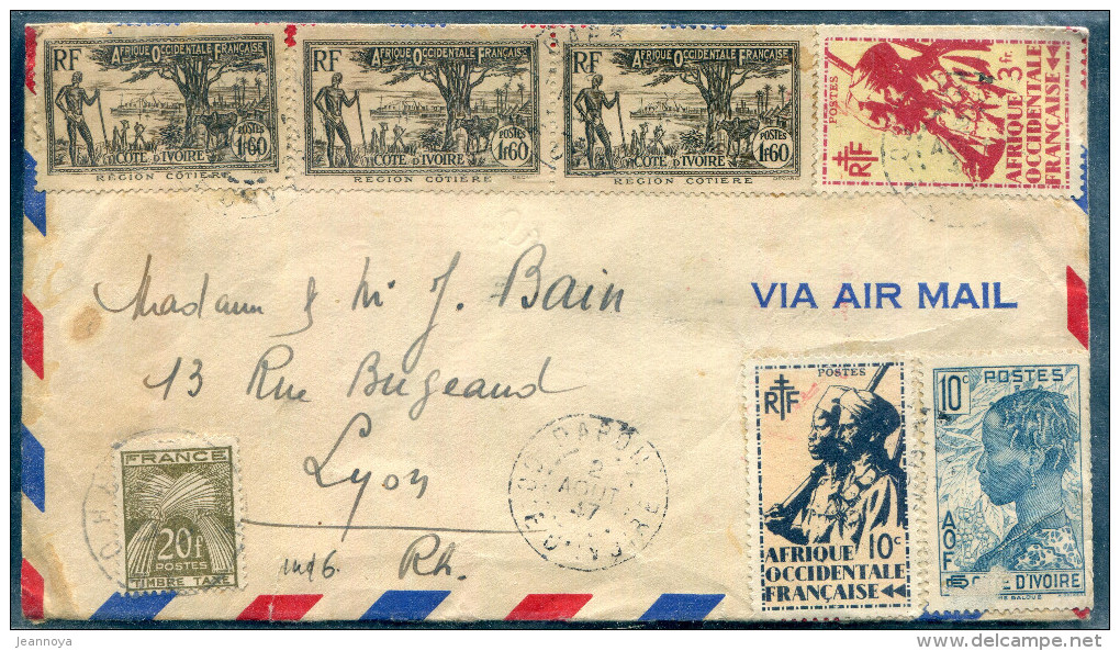 COTE D´IVOIRE - N° 113 + 159 (3) + A.O.F. N° 4 + 16 / LETTRE AVION DE DABOU  LE 2/8/1947 POUR LYON, TAXÉE - TB - Lettres & Documents