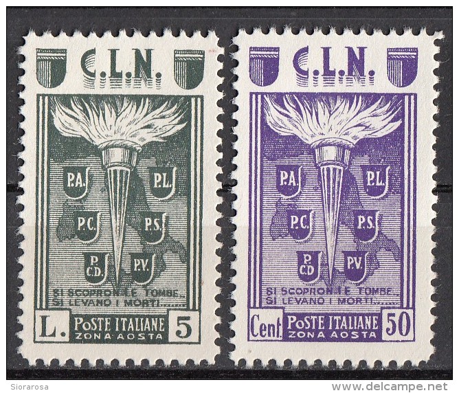 Italia 1945 C.L.N Emissione Locale Aosta Versi Inno Di Garibaldi 2 Valori Nuovi - Centraal Comité Van Het Nationaal Verzet (CLN)