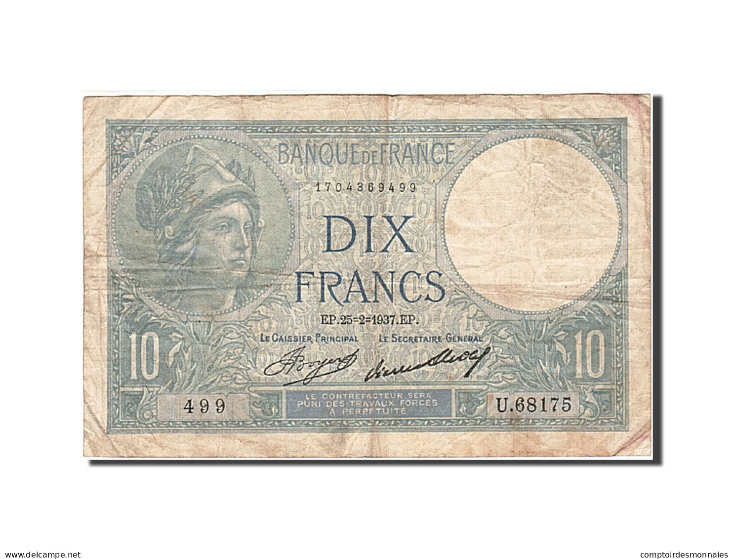 Billet, France, 10 Francs, 1915, 1937-02-25, TB, Fayette:6.18, KM:73e - 10 F 1916-1942 ''Minerve''