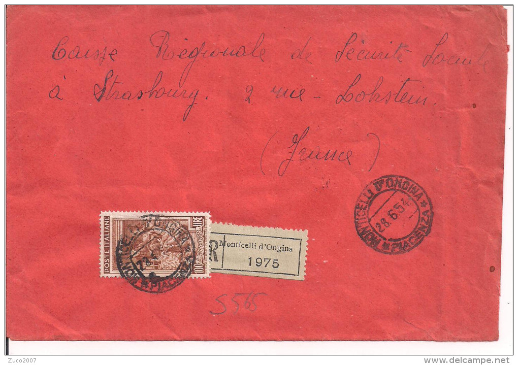 LAVORO L.100, S 565,ISOLATO PER ESTERO-FRANCIA,1954, POSTE MONTICELLI D'ONGINA,PIACENZA,MILANO POSTA AEREA,STRASBURGO - 1946-60: Storia Postale