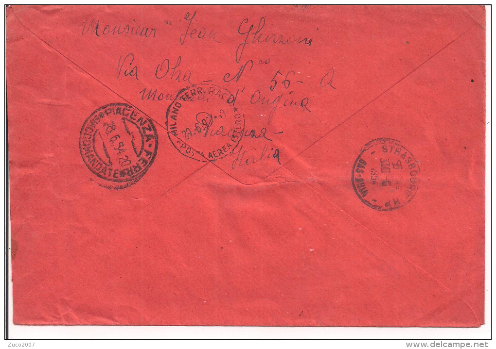 LAVORO L.100, S 565,ISOLATO PER ESTERO-FRANCIA,1954, POSTE MONTICELLI D'ONGINA,PIACENZA,MILANO POSTA AEREA,STRASBURGO - 1946-60: Storia Postale