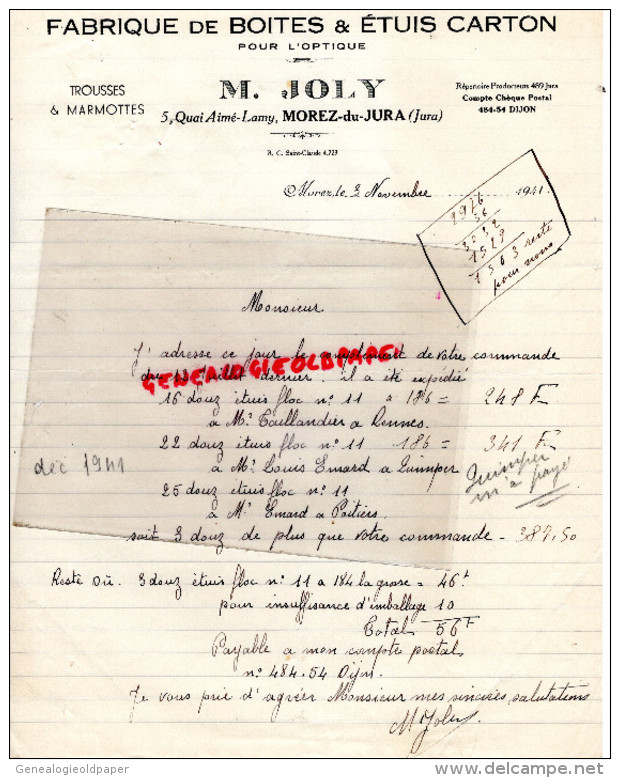 39 - MOREZ DU JURA - FACTURE M. JOLY-FABRIQUE BOITES ET ETUIS CARTON POUR OPTIQUE-LUNETTERIE-5 QUAI AIME LAMY-1941 - 1950 - ...