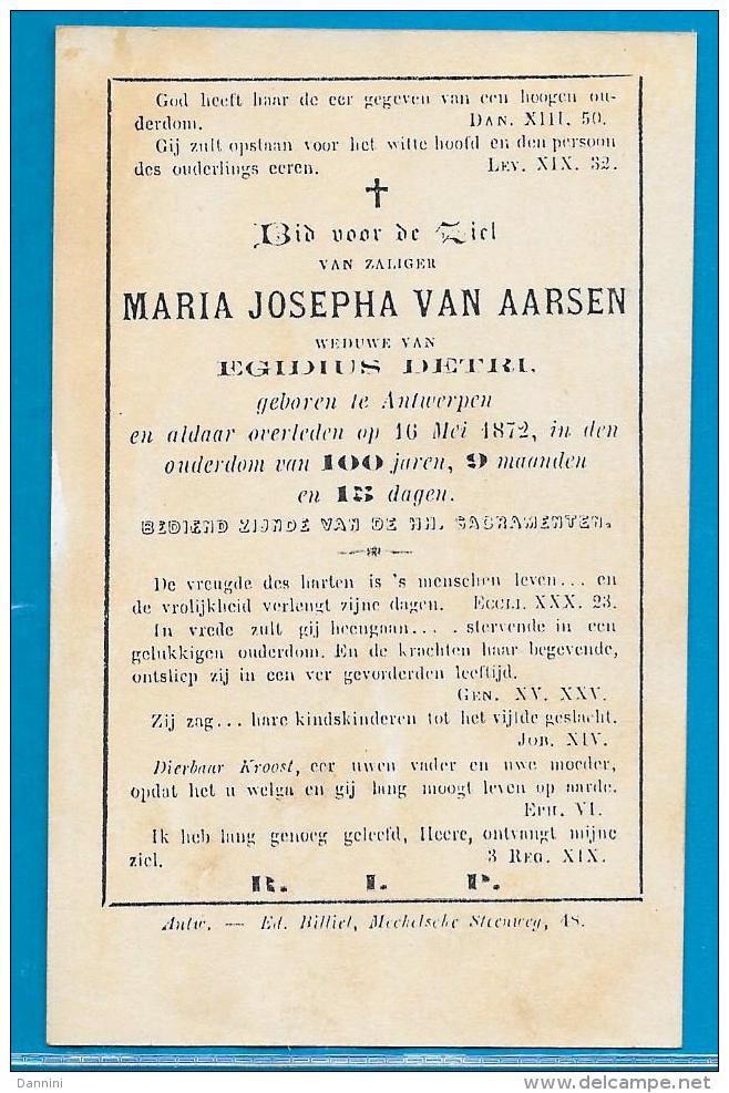 Bidprentje Van Maria Josepha Van Aarsen - Antwerpen - 1771 - 1872 (100 Jaar) - Images Religieuses