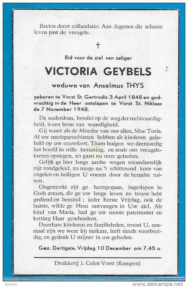 Bidprentje Van Victoria Geybels - Vorst St-Gertrudis - Vorst St-Niklaas - 1848 - 1948 (100 Jaar) - Images Religieuses