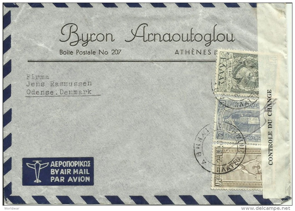 1950  Censored Letter (Contrôle De Change) From Athens (Byron Arnaoutoglou) To Odense, Danmark - Cartas & Documentos
