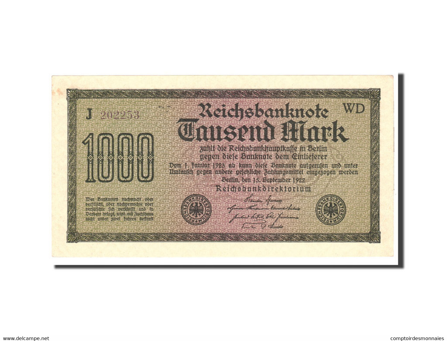 Billet, Allemagne, 1000 Mark, 1922, 1922-09-15, KM:76b, SPL - 1000 Mark