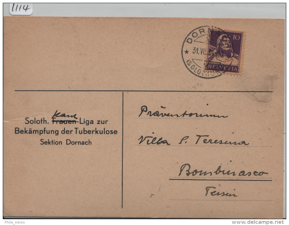 1934 Tell 184 - Karte Von Dornach (Frauen Liga Der Tuberkulose) Nach Bombinasco - Storia Postale