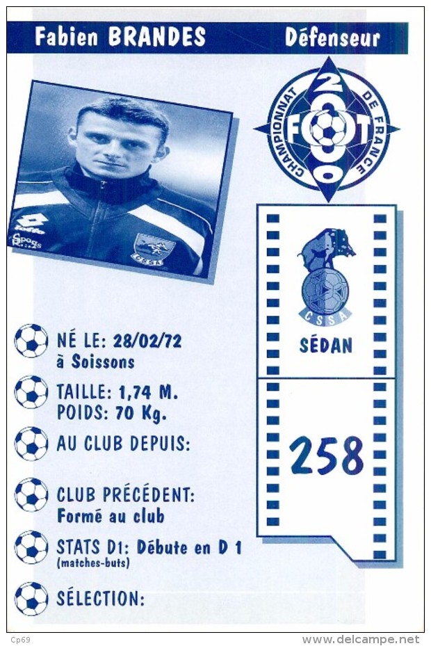 Joueur De Football - Grande Carte N°258 Championnat De France Année 2000 - Fabien Brandes Défenseur Sedan - Other & Unclassified