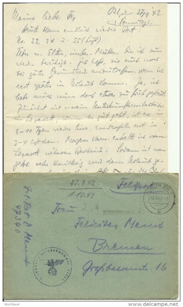 1942  Feldpostbrief (Russlandfeldzug) Mit Einhalt (4 Seiten) Nach Bremen   Feldpostnr 47340 - 2. Weltkrieg