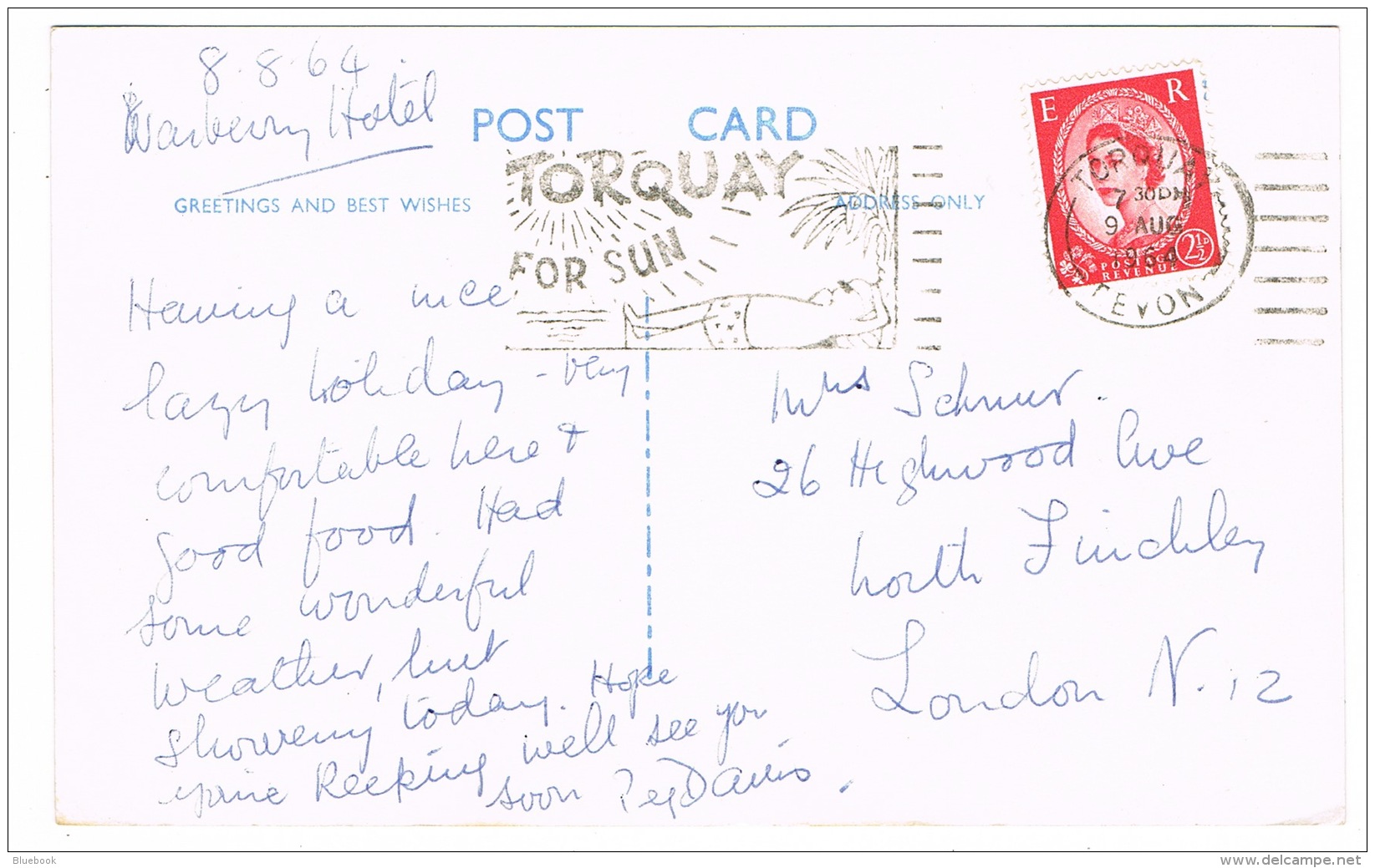 RB 1111 - 1964 Postcard - Warberry Hotel Torquay Devon - Good Slogan Postmark - Torquay