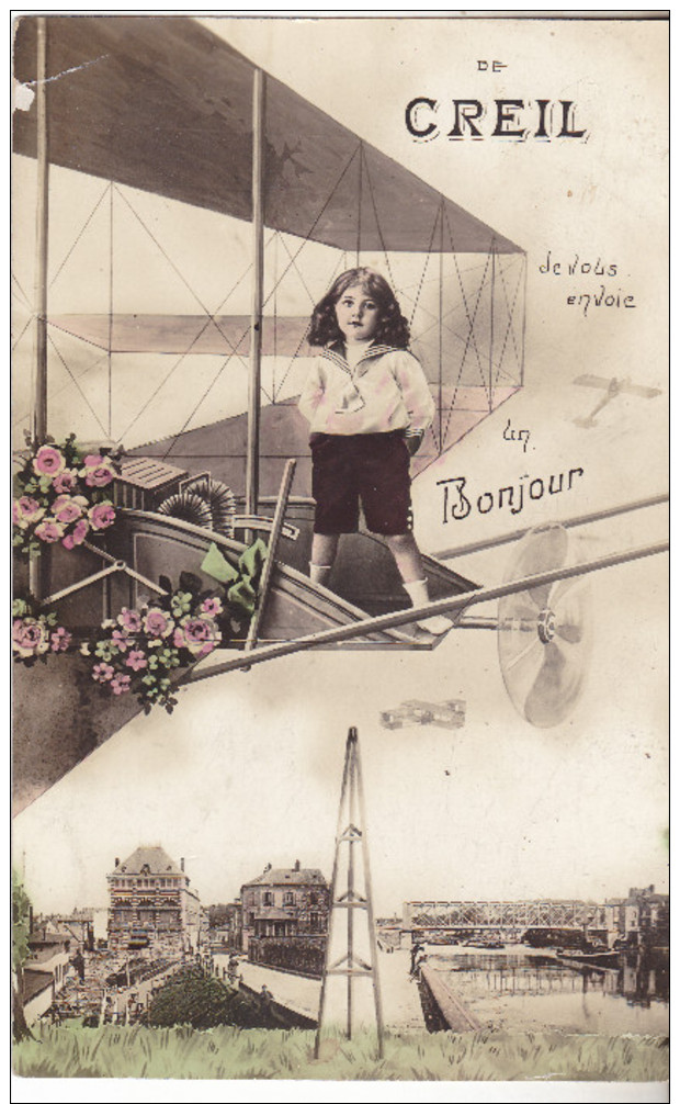 60 De Creil Je Vous Envoie Un Bonjour, Carte Fantaisie Avion Et Vue Datée 1922. Tb état. - Creil