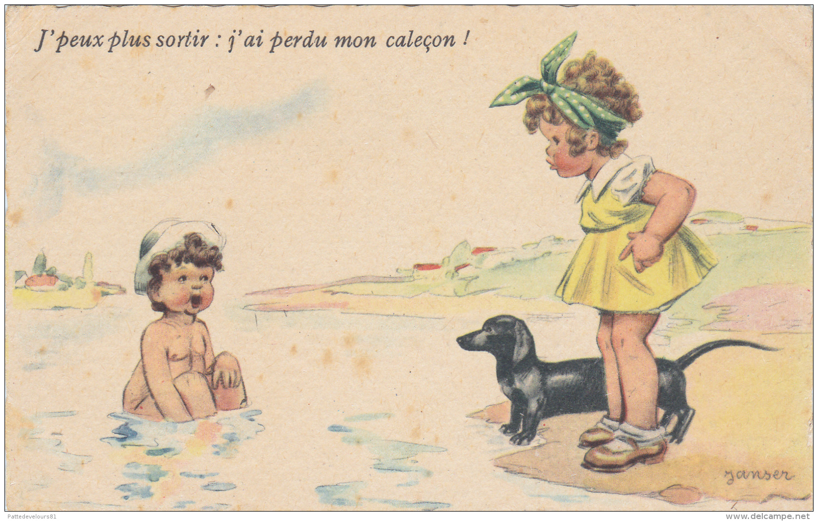 CPA Enfants Baignade Chien Dog Teckel Dackel Dachshund Illustrateur JANSER - Janser