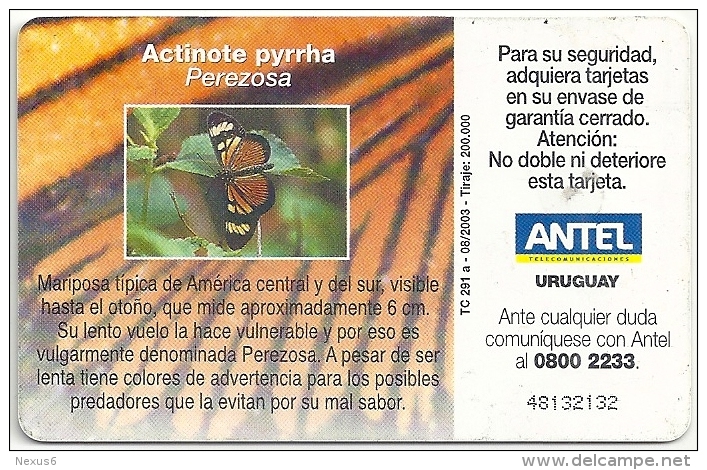 Uruguay - Antel - Actinote Pyrrha Butterfly - TC 291a - 08.2003, 200.000ex, Used - Uruguay