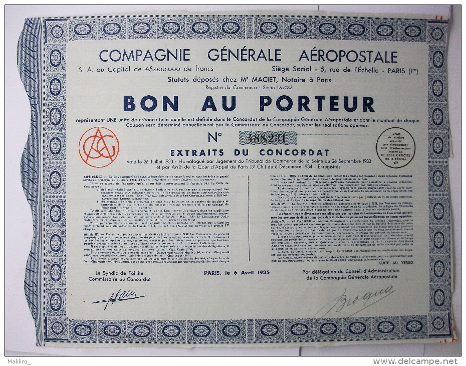 1935 - COMPAGNIE GENERALE AEROPOSTALE - Bon Au Porteur - Aviación