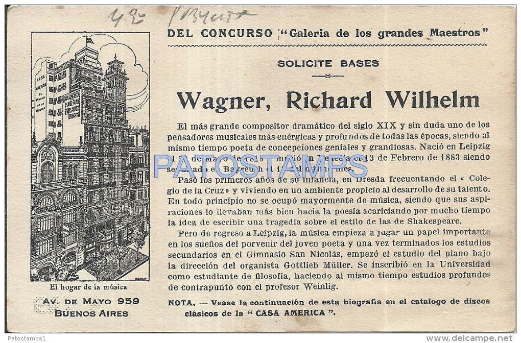 54098 ARGENTINA BUENOS AIRES PUBLICITY COMMERCIAL CASA AMERICA & COMPOSER RICHARD WAGNER NO POSTAL POSTCARD - Ohne Zuordnung
