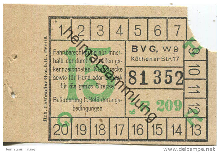 BVG Berlin Köthener Str. 17 - Fahrschein 1944 - Kurzstrecke - Europa