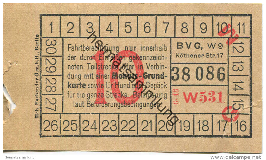 BVG Berlin Köthener Str. 17 - Fahrschein 1943 - Teilstreckenschein Oder In Verbindung Mit Einer Monats-Grundkarte Sowie - Europe