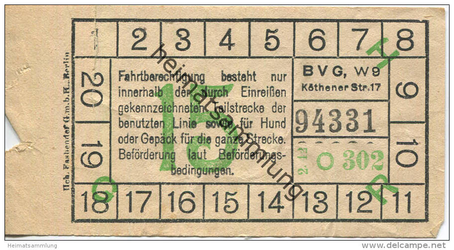 BVG Berlin Köthener Str. 17 - Fahrschein 1942 - Teilstreckenschein Sowie Für Hund Und Gepäck - Europe