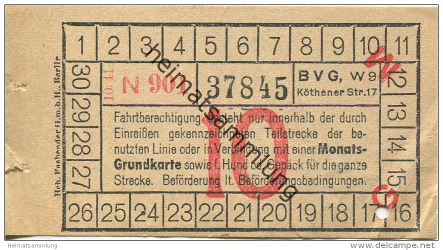 BVG Berlin Köthener Str. 17 - Fahrschein 1941 - Teilstreckenschein Oder In Verbindung Mit Einer Monats-Grundkarte Sowie - Europe