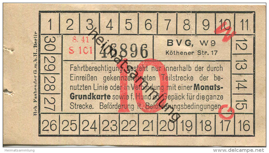 BVG Berlin Köthener Str. 17 - Fahrschein 1941 - Teilstreckenschein Oder In Verbindung Mit Einer Monats-Grundkarte Sowie - Europe