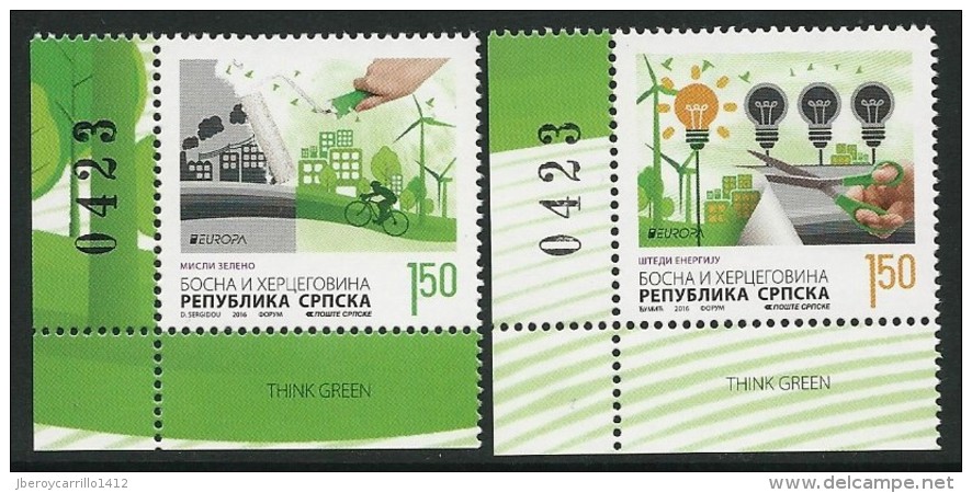 BOSNIA HERZEGOVINA SERBIA/ SRPSKA REP.- EUROPA 2016 -TEMA "ECOLOGIA -EL PENSAMIENTO VERDE-THINK GREEN".-SERIE Con NÚMER0 - 2016