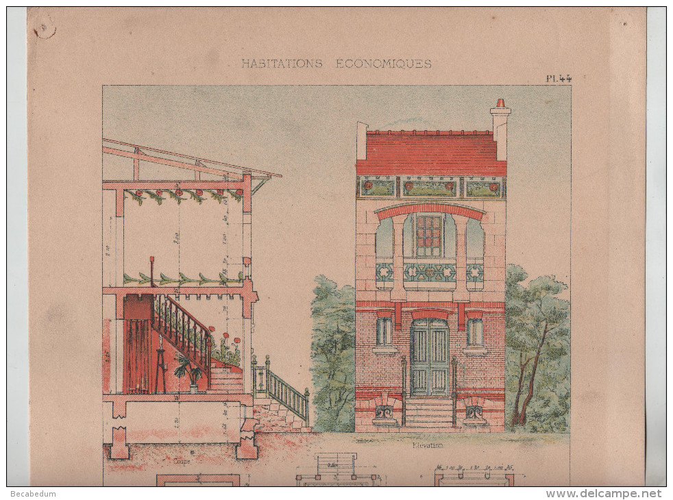 Architecture Habitations Economiques Petite Villa D´artiste Coupe élévation  Pinteux Architecte Vers 1910 Rare - Architecture