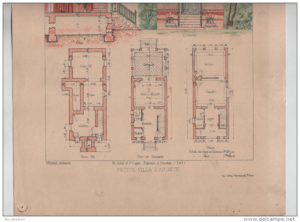 Architecture Habitations Economiques Petite Villa D´artiste Coupe élévation  Pinteux Architecte Vers 1910 Rare - Architecture