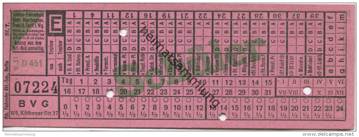 BVG Berlin Köthener Str. 17 - Schüler-Fahrschein 1931 - Europe