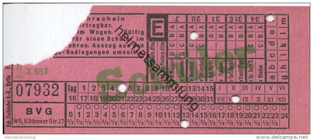 BVG Berlin Köthener Str. 17 - Schüler-Fahrschein 1932 - Europe