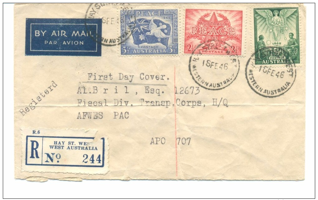 AUSTRALIA, 18.02.1946 BAY ST. WEST, PEACE SET, REGISTERED MAIL FDC TO U.S. APO - Ersttagsbelege (FDC)