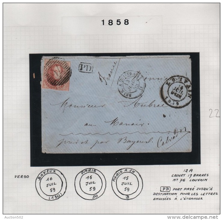 TP 12A S/L.c.Louvain 14/7/1859 + Ambulant Belg.Quiévrain  V.Bayeux Calvados C.d'arrivées PR3237 - Postmarks - Lines: Perceptions