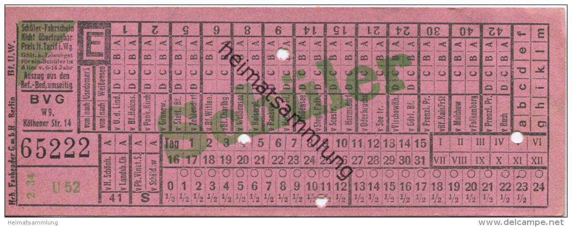 BVG Berlin Köthener Str. 14 - Schüler-Fahrschein 1934 - Usedomer Strasse Weissensee - Europe