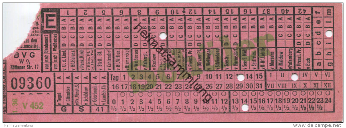 BVG Berlin Köthener Str. 17 - Schüler-Fahrschein 1936 - Usedomer Strasse Weissensee - Europe