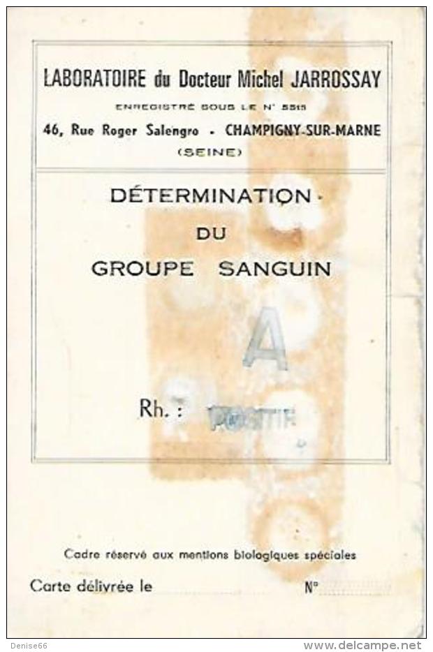 (1930) - CHAMPIGNY-SUR-MARNE (94) - LABORATOIRE Du Dr Michel Jarrossay - Ancienne Carte De GROUPE SANGUIN - Documents Historiques