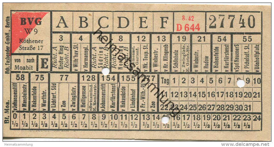 BVG Berlin Köthener Str. 17 - Fahrschein 1942 - Von Nach Moabit - Europe