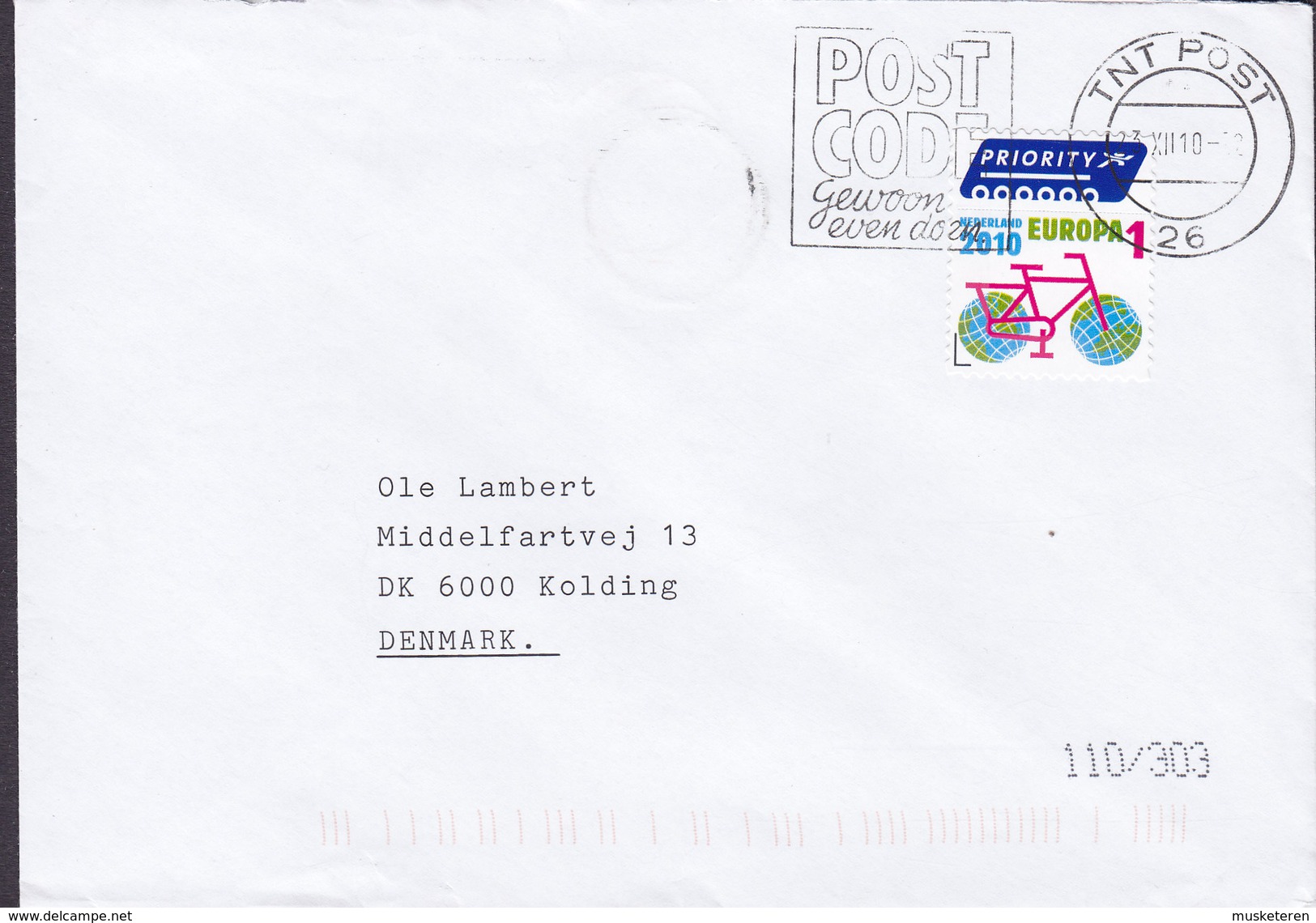 Netherlands Slogan Flamme "Postcode" TNT Post 2010 Cover Brief KOLDING Denmark PRIORITY Stamp Fahrrad Bicycle Velo Stamp - Lettres & Documents