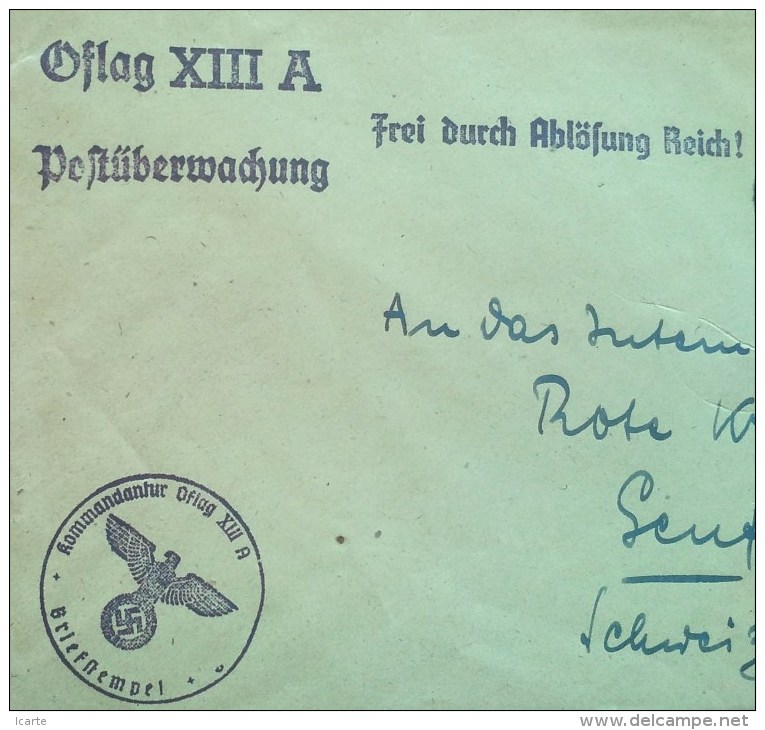 Enveloppe Cachet Aigle KOMMANDANTUR OFLAG XIII A Nuremberg Vers CROIX-ROUGE Genève Prisonnier De Guerre 1941 - Guerre De 1939-45