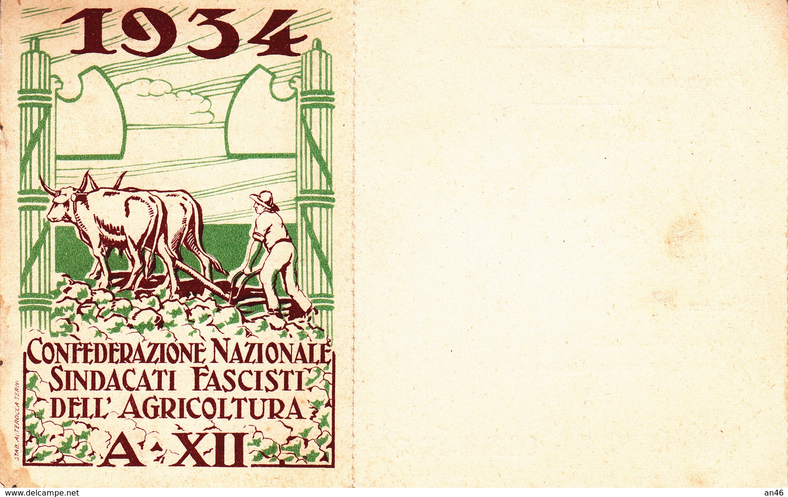 TESSERA-C.N.S.F.A.1934-CONFEDER. NAZ.SINDACATI FASCISTI DELL'AGRICOLTURA-A.XII-SEZ DI PATERNO'-OTTIMA CONSERVAZIONE-2 SC - Pubblicitari