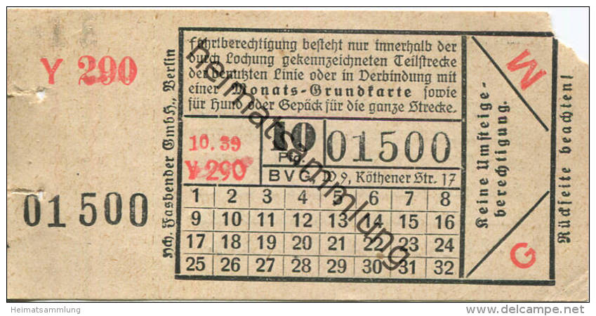 BVG Berlin Köthener Str. 17 - Fahrschein 1939 - Europe