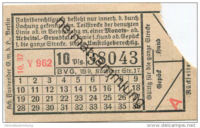 BVG Berlin Köthener Str. 17 - Fahrschein 1937 - Europe