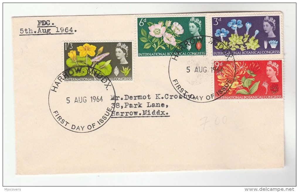 1964 GB Stamps FDC BOTANICAL CONGRESS Flowers HARROW  Pmk Cover Flower - 1952-1971 Pre-Decimal Issues