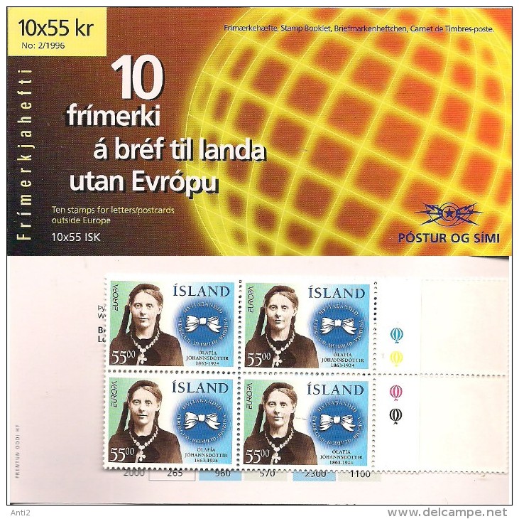 Iceland Island 1996 Europa: Famous Women Halldóra Bjarnadóttir, Ólafía Jóhannsdóttir  Booklet 1-2/1996  Mi 844-845 MNH - Ungebraucht