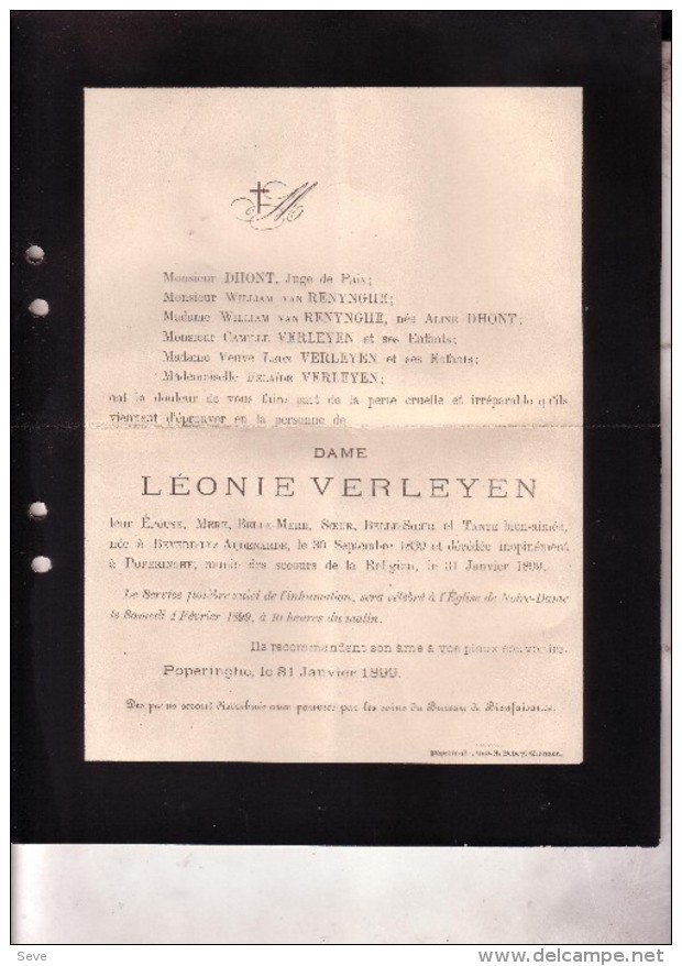 BEVERE-LEZ-AUDENARDE POPERINGE Léonie VERLEYEN épouse Juge De Paix DHONT 1839-1899 Doodsbrief Distribution Pains - Esquela